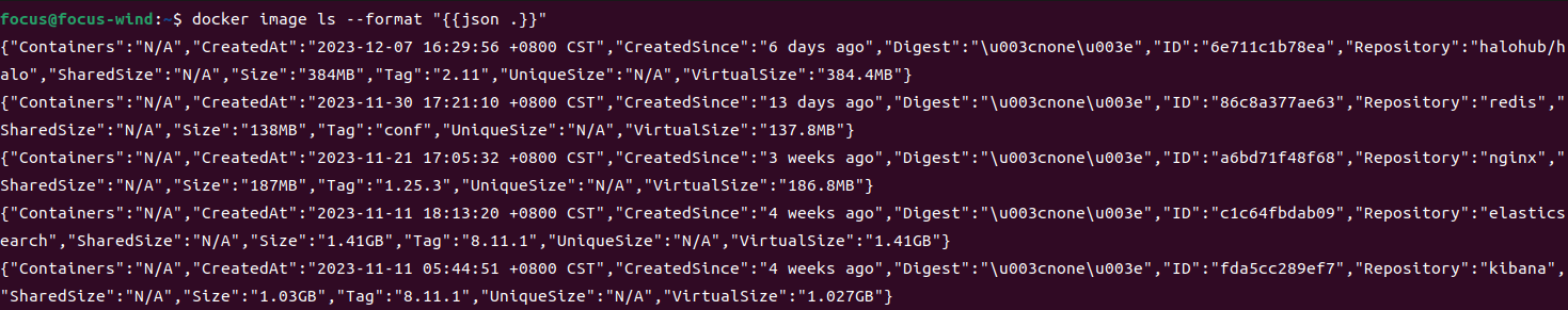 [docker] image ls –format “{{json .}}”